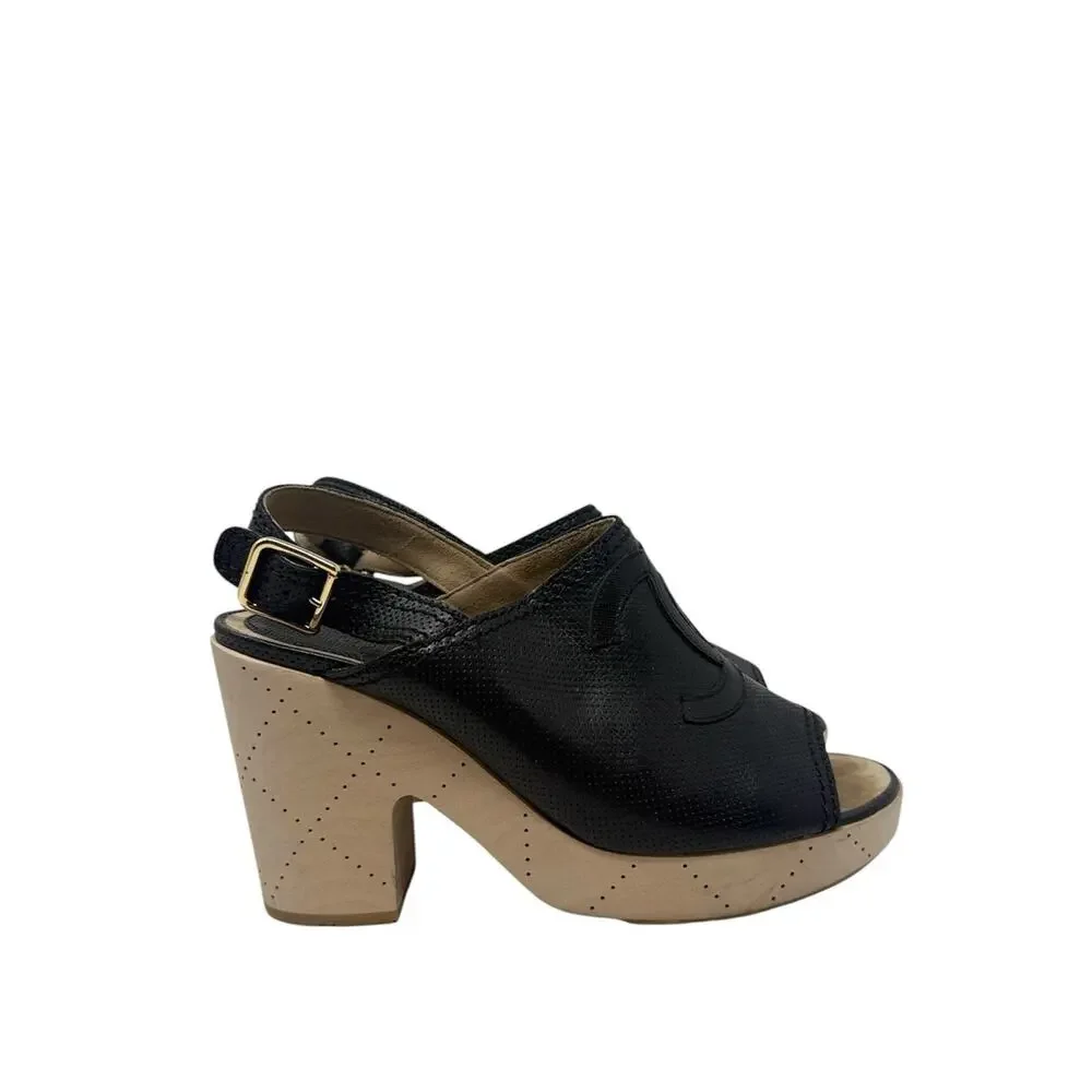 Chanel CC Logo Black Leather Slingback Platform Slingback Block Heel Clogs 39.5